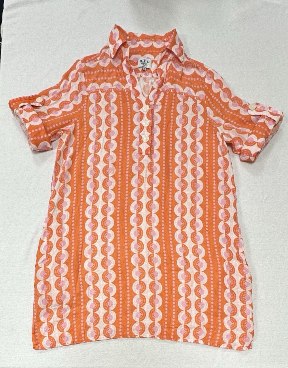 HIHO Tortola Button Front Linen Dress M Orange Coral Print Resortwear Beach Vaca